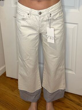ZARA White Jeans with Gray Rolled Cuffs